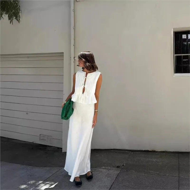 Women's Ruffled Lace Up Suit Blouse Long Skirt High Street Suit Solid Color Skirt 2 Piece High Street Suit 2024 New Suit