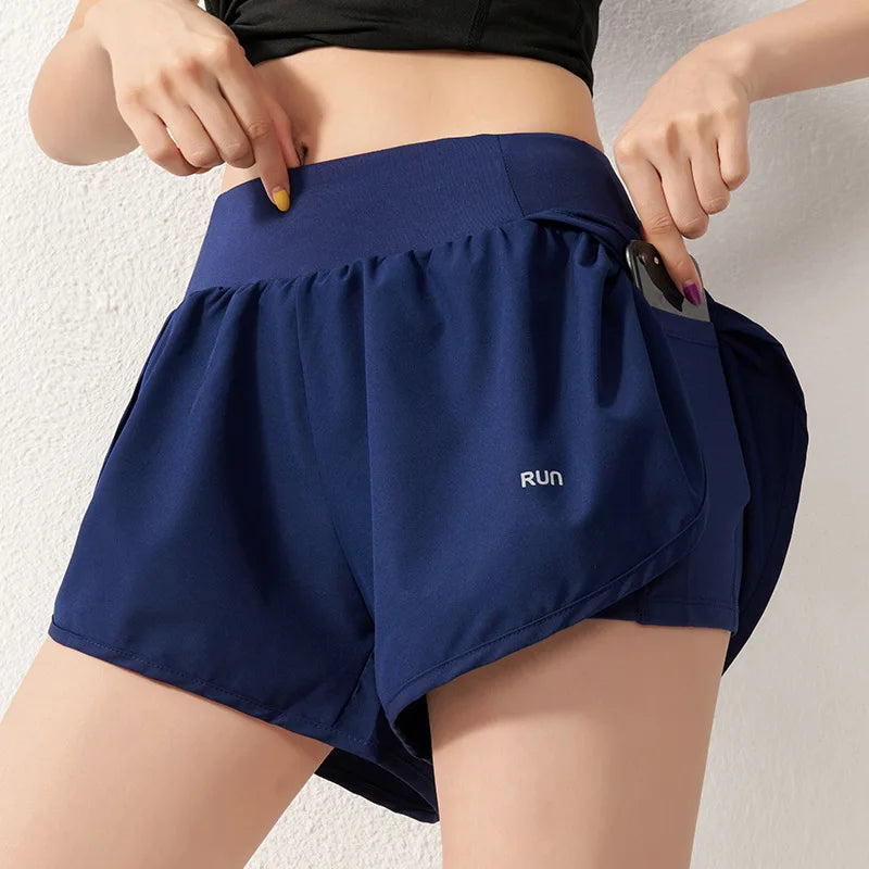 Women 2 In 1 Running Shorts Elastic Waist Pocket Summer Yoga Shorts Woman Cycling Sports Shorts Gym Fitness Shorts Sportswear