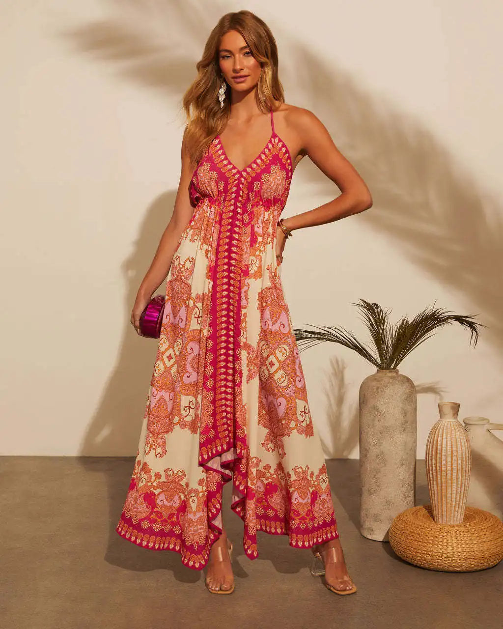 Women's Summer V-neck Halter Bohemian Floral Long Dress,Women Clothing,Red Dress,Sexy Dress Women,Sundress,Beach Dresses