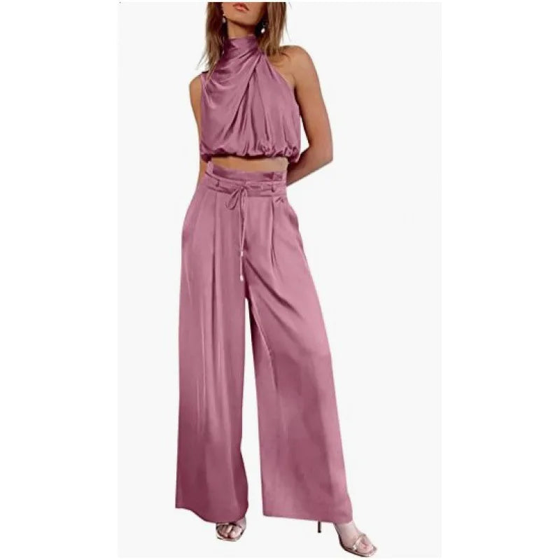 Women's Two Piece Pants Sets Open Navel Outfit Silk Pleated Texture Sleeveless Top Wide Leg Pants Set Summer Matching Sets 2024