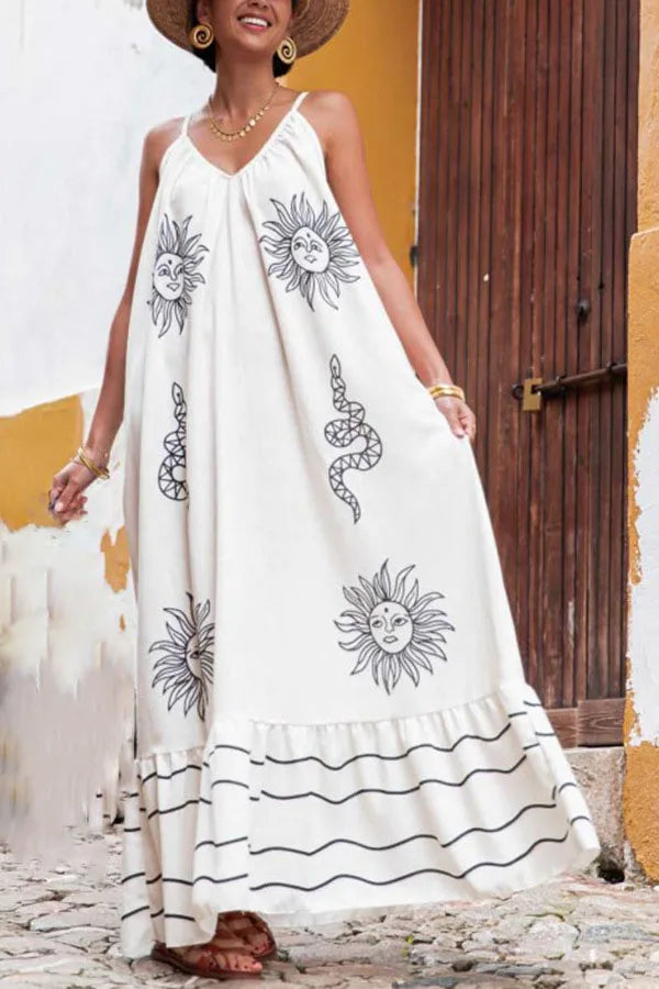 Sexy Long Dress For Women New Sexy Backless V-neck Sleeveless Suspender Print Dress Vacation Large Size Loose Dress For Women