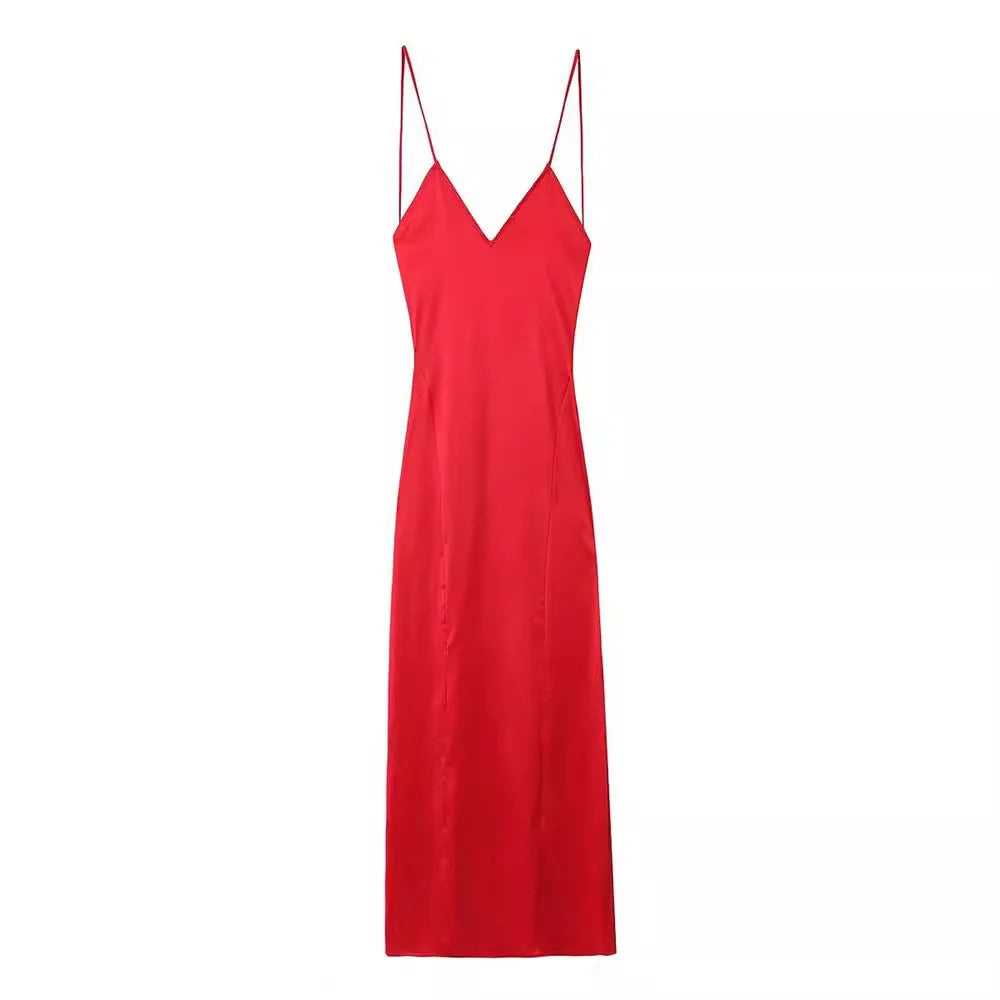2024 Women's New Chic Fashion Temperament Satin Thin Shoulder Strap Underwear Slim Long Dress Retro Backless Women's Dress Mujer
