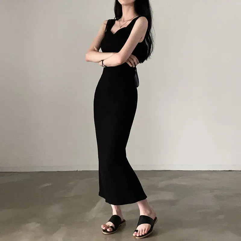 Temperament Square Neck Long Dress for Women Sexy Solid Screw Thread Sleeveless Split Dresses Slim Pullover Office Lady Vestidos