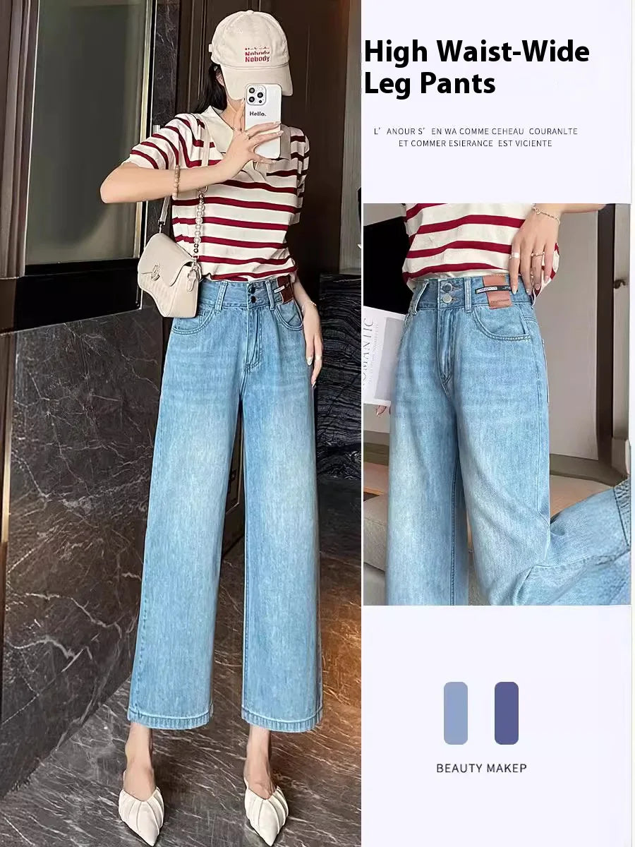 Jeans Female Spring and Summer New High-Waisted Straight Pants Small Wide-Legged Pants Summer Thin Section Nine Pants Casual