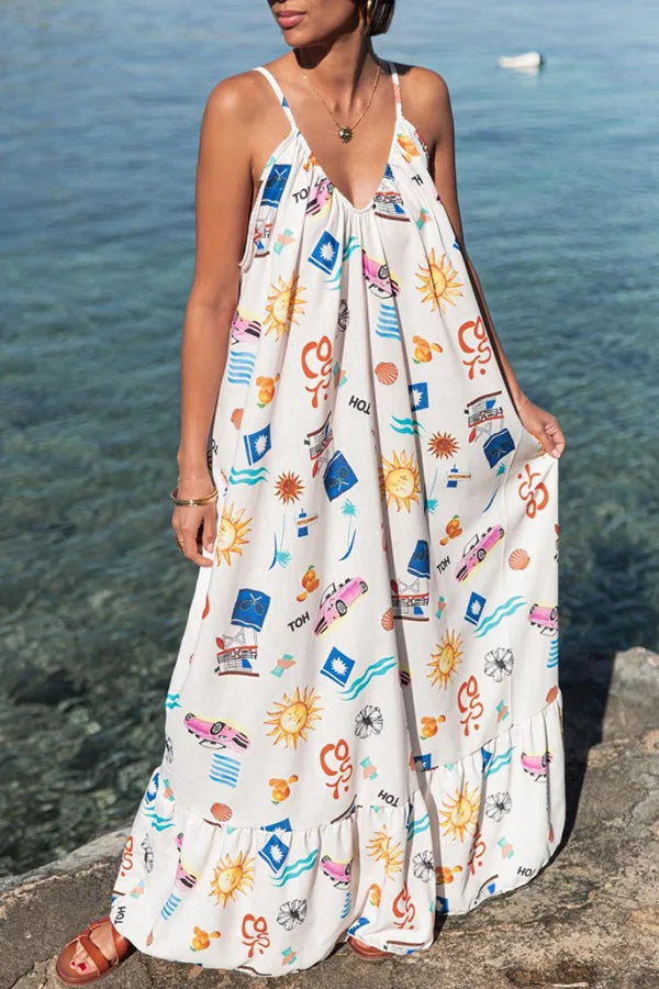 Sexy Long Dress For Women New Sexy Backless V-neck Sleeveless Suspender Print Dress Vacation Large Size Loose Dress For Women
