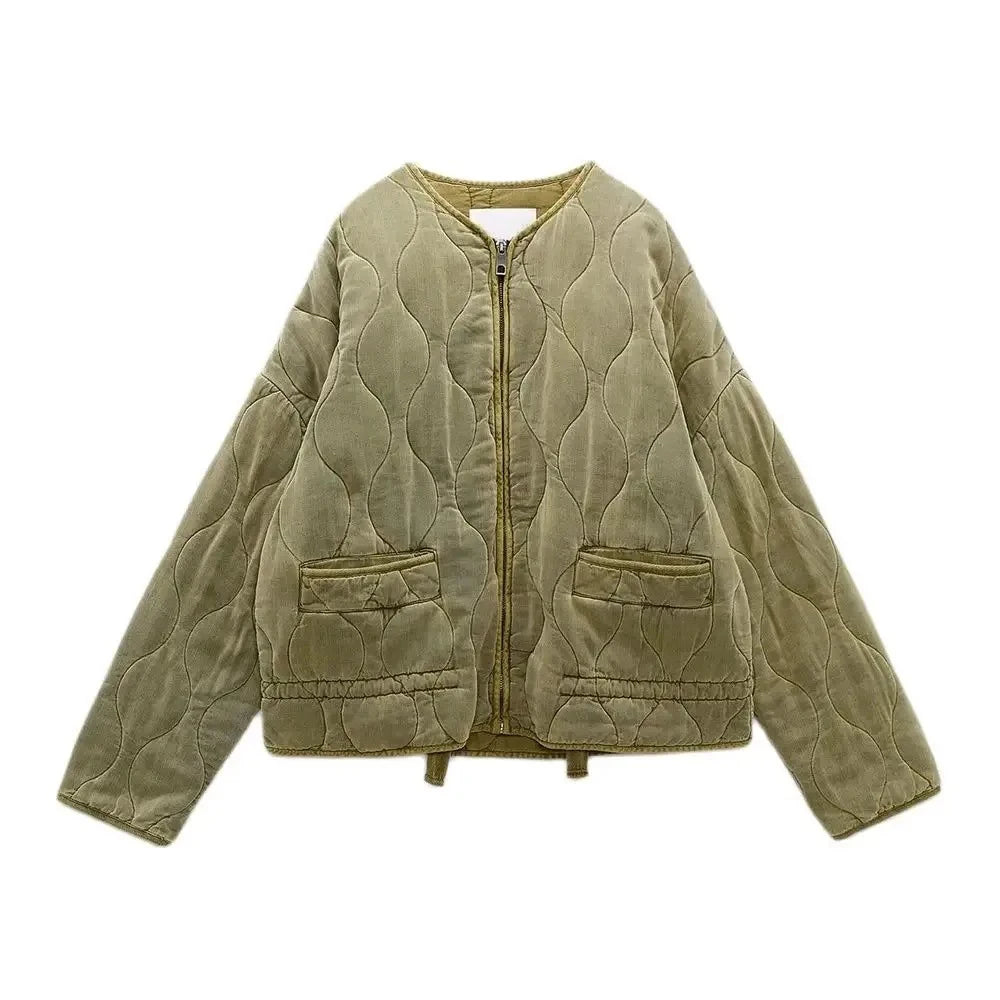 TRAF Women's Diamond Check Cotton Jacket Round Neck Loose Long Sleeve Zip Cotton Jacket Vintage Street Fashion Pocket Warm Top