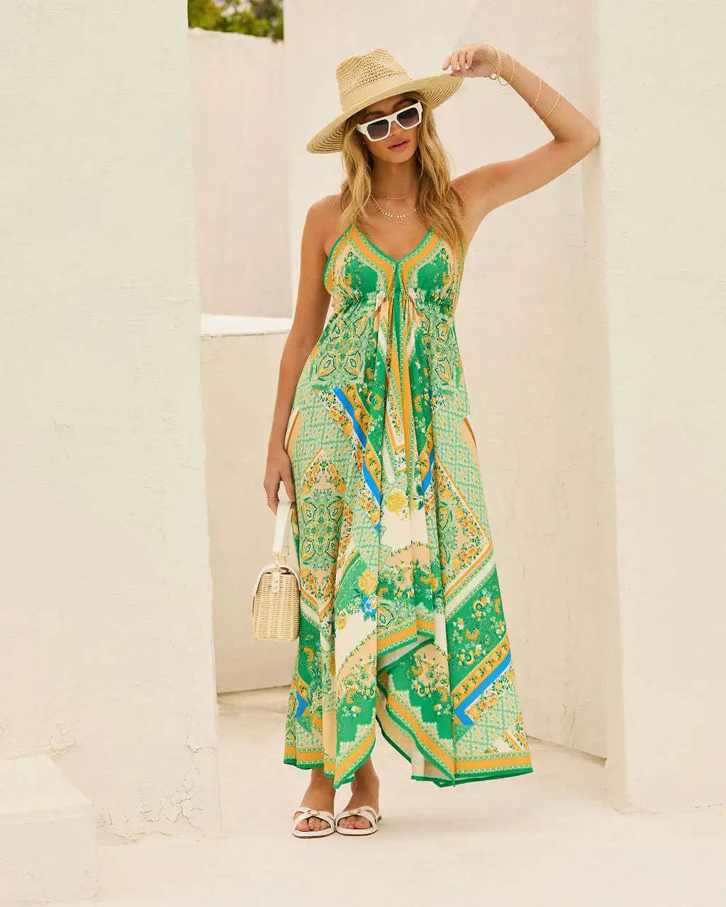 Women's Summer V-neck Halter Bohemian Floral Long Dress,Women Clothing,Red Dress,Sexy Dress Women,Sundress,Beach Dresses