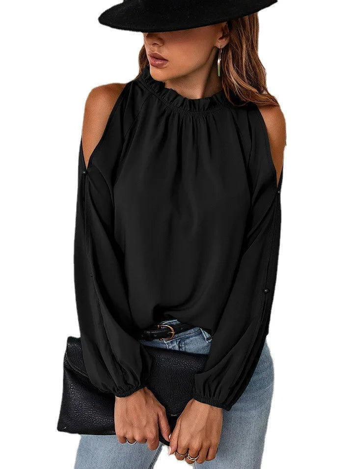Sexy Off Shoulder Women's Blouse 2023 Spring Autumn Long Sleeve Casual Loose Shirt Black Green Tops Office Ladies Blouses