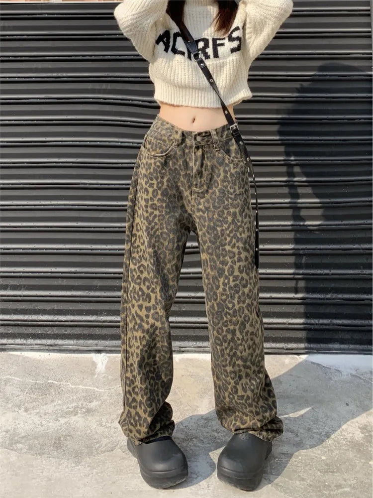 Vintage Leopard Print Pantalon Femme Wide Leg Pants Women High Waist Straight Y2k Jeans Casual Fashion Korean Jean Trousers