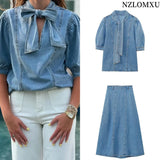2025 Women Blouse Fashion New Bowtie Neckline Denim Shirt Casual Loose Fitting Long Sleeves Woman Blouses And Shirts Top