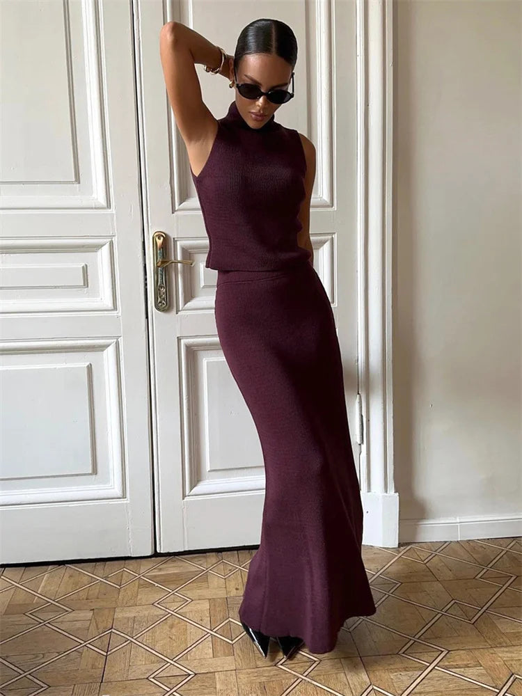 Tossy Elegant Knitwear 2 Piece-Set Long Dress Female Ribbed Sweater Pullover And Loose Patchwork Maxi Skirt Sets Ladies Outfits