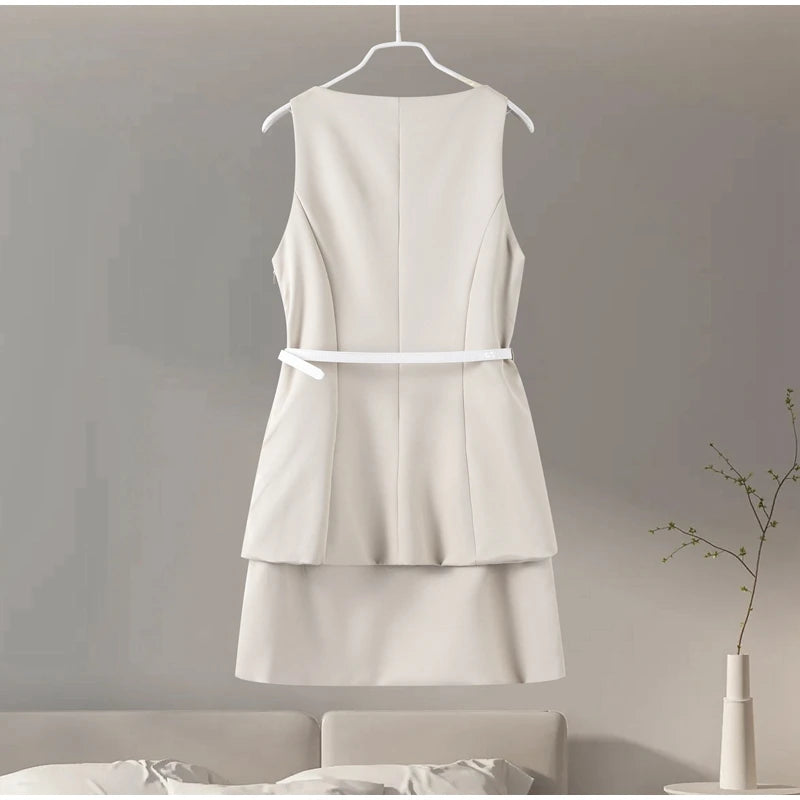 Casual Mini Dress Women Belt Slim Spring Summer O-neck Sleeveless Top Above Knee Skirt Sets Woman Vintage Fake Two Pieces Lady