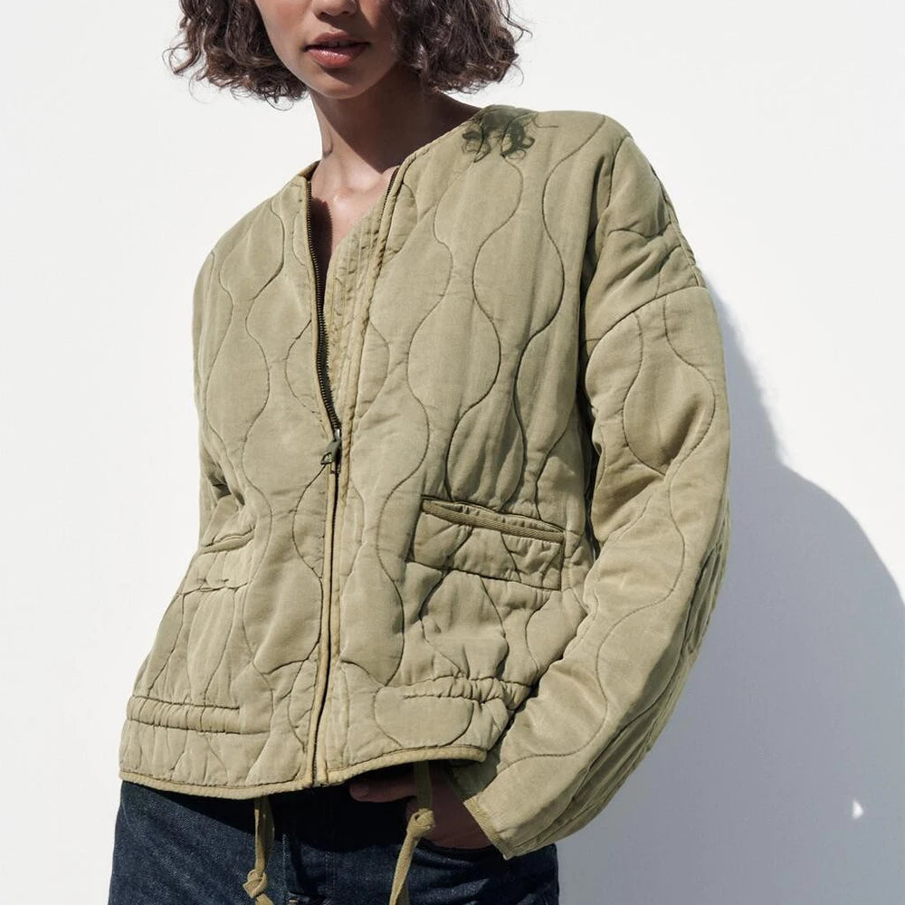 TRAF Women's Diamond Check Cotton Jacket Round Neck Loose Long Sleeve Zip Cotton Jacket Vintage Street Fashion Pocket Warm Top