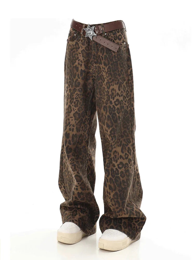 Baggy Leopard Print Y2k Jeans Women 2024 New High Waisted Casual Wide Leg Denim Pants Fashion Streetwear Retro Straight Jeans