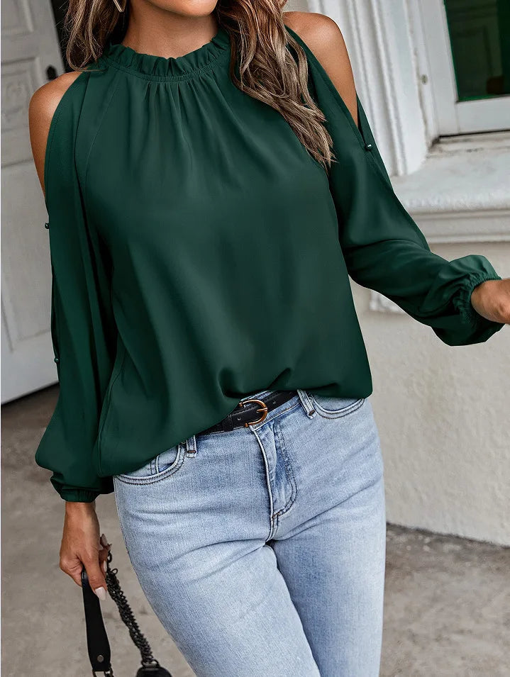 Sexy Off Shoulder Women's Blouse 2023 Spring Autumn Long Sleeve Casual Loose Shirt Black Green Tops Office Ladies Blouses