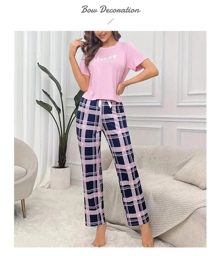Women's Pajamas Set Casual Home Clothes Soft Comfortable Crew Neck T-Shirt & Plaid Pants Sleepwear Piece Loungewear Pyjama Femme