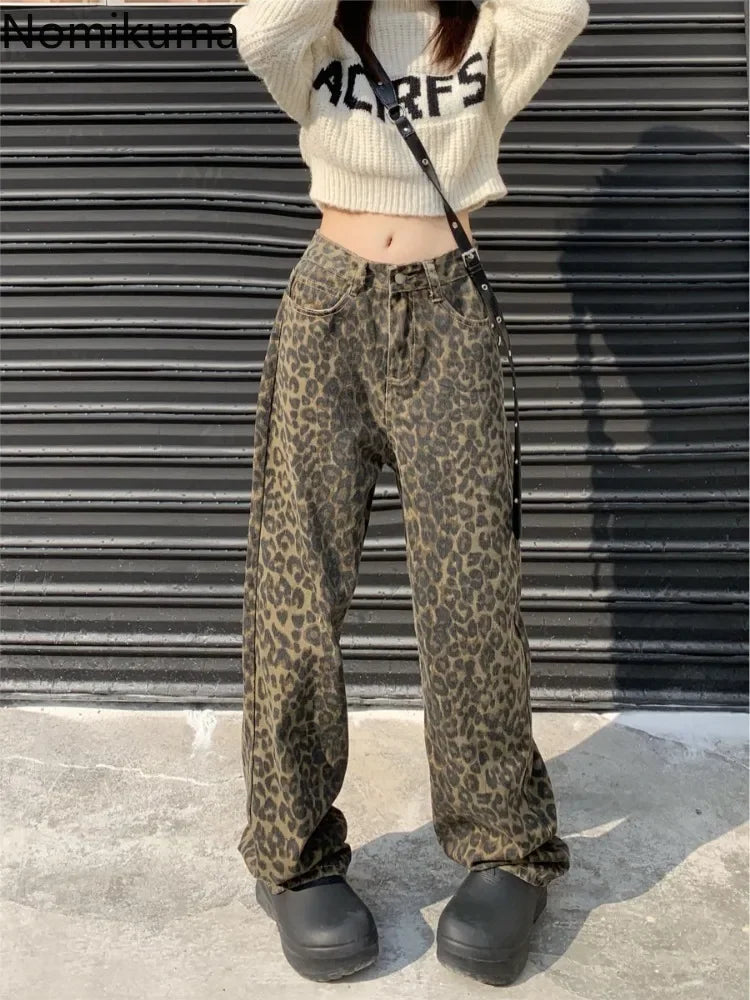 Vintage Leopard Print Pantalon Femme Wide Leg Pants Women High Waist Straight Y2k Jeans Casual Fashion Korean Jean Trousers