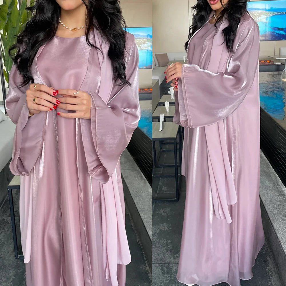 Women Eid Muslim Sets 2 Piece Dress Shiny Satin Dubai Abayas Kebaya Jalabiya Turkey Kaftan Ramadan Islam Clothing Robe Vestidos