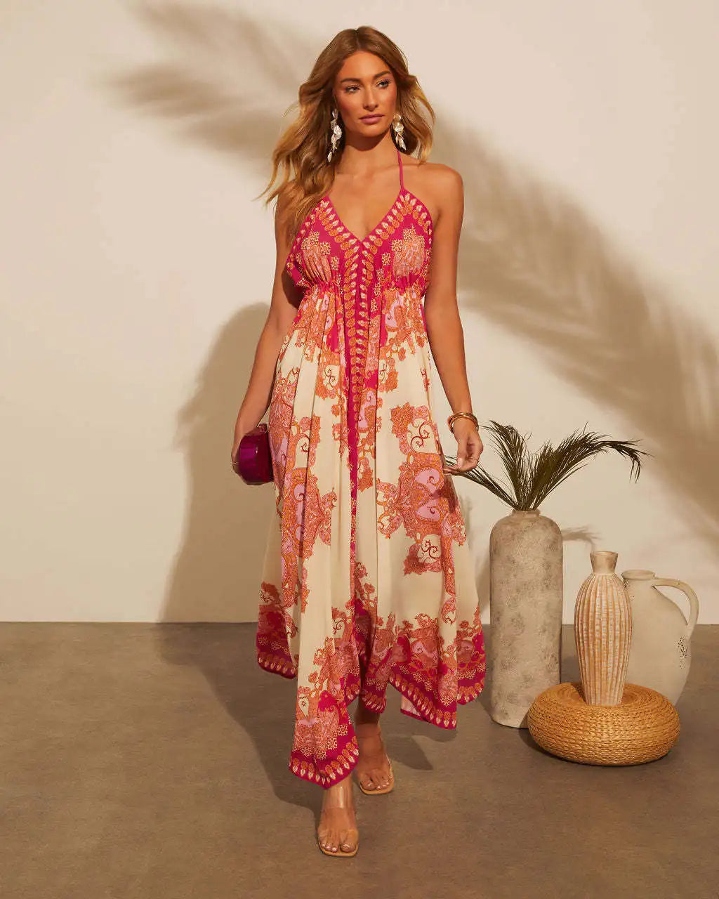 Women's Summer V-neck Halter Bohemian Floral Long Dress,Women Clothing,Red Dress,Sexy Dress Women,Sundress,Beach Dresses