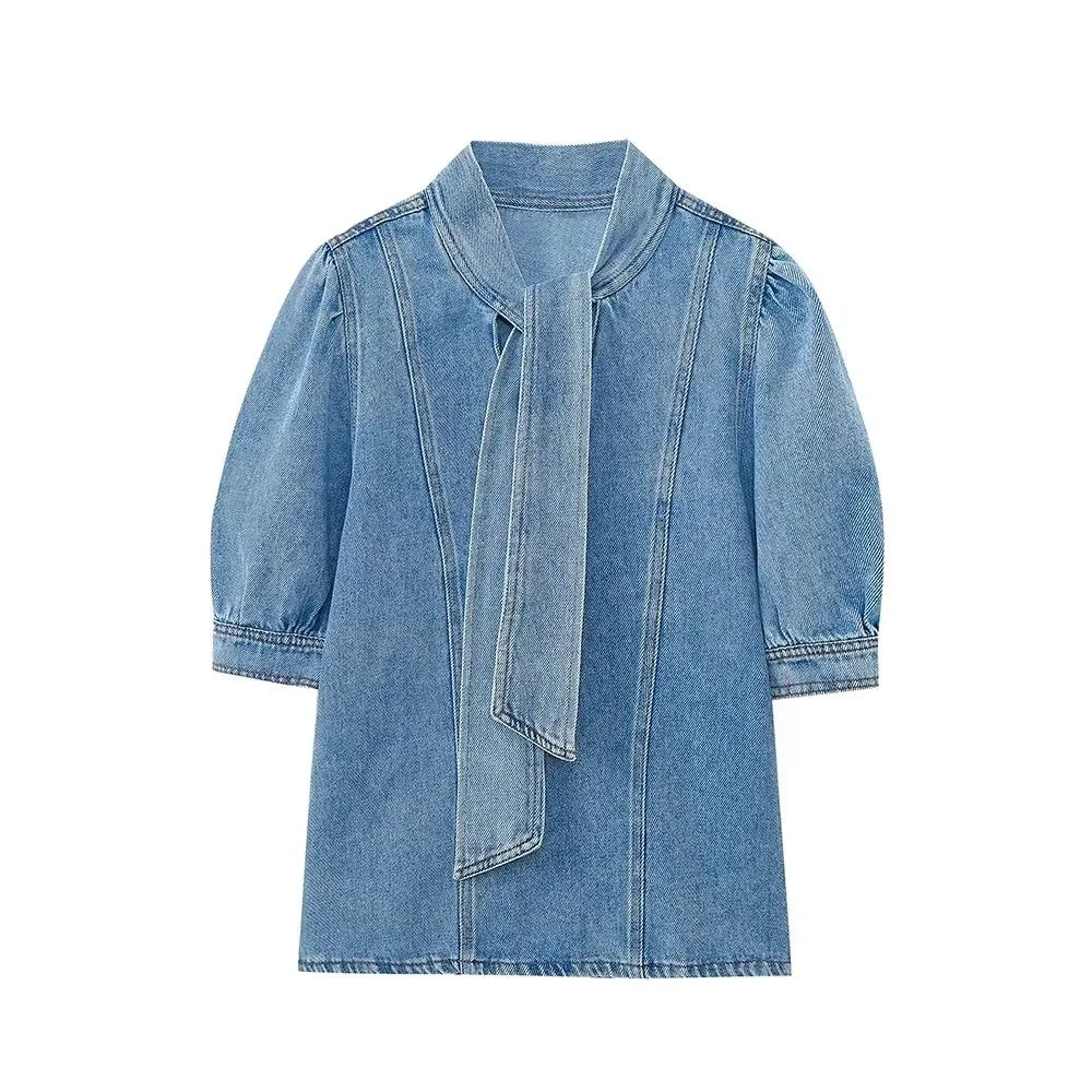 2025 Women Blouse Fashion New Bowtie Neckline Denim Shirt Casual Loose Fitting Long Sleeves Woman Blouses And Shirts Top