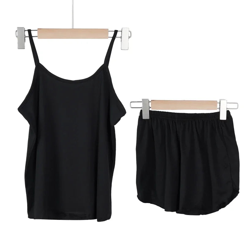 Pajamas for Women Summer Solid Color Sleepwear Sexy Pyjamas Set Round Neck Soft Breathable Tank Top Shorts Nightwear