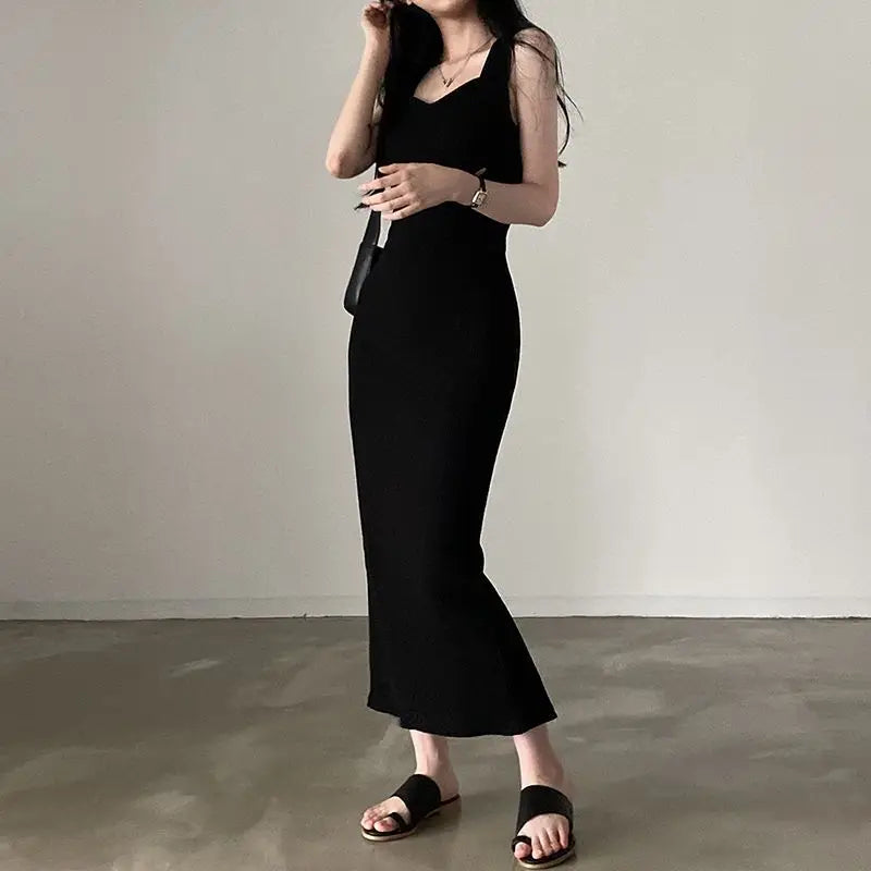 Temperament Square Neck Long Dress for Women Sexy Solid Screw Thread Sleeveless Split Dresses Slim Pullover Office Lady Vestidos