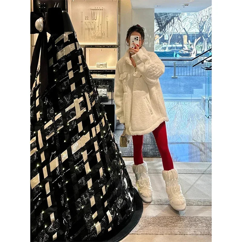 AL Coat for women Plush jacket Lapel shirt style Loose Casual White Fashion Coat Plush Medium long styles Pockets Jacket New