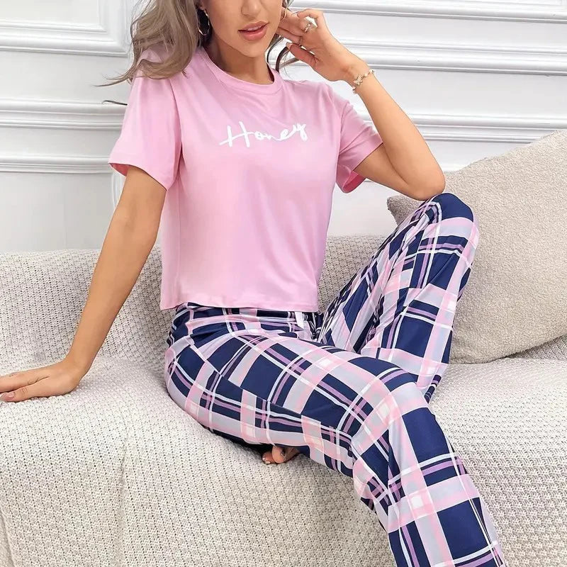 Women's Pajamas Set Casual Home Clothes Soft Comfortable Crew Neck T-Shirt & Plaid Pants Sleepwear Piece Loungewear Pyjama Femme