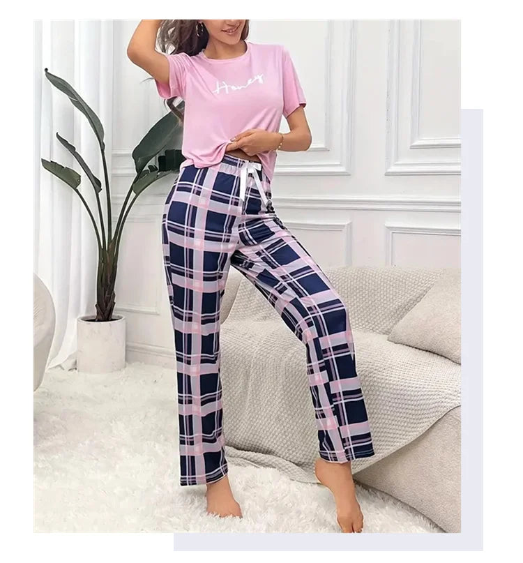 Women's Pajamas Set Casual Home Clothes Soft Comfortable Crew Neck T-Shirt & Plaid Pants Sleepwear Piece Loungewear Pyjama Femme