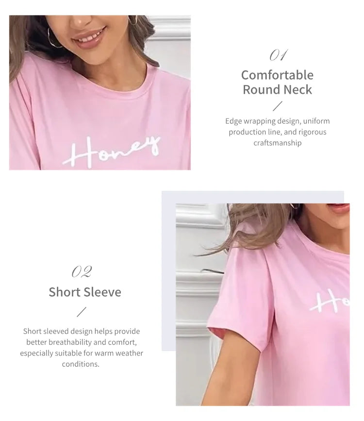 Women's Pajamas Set Casual Home Clothes Soft Comfortable Crew Neck T-Shirt & Plaid Pants Sleepwear Piece Loungewear Pyjama Femme