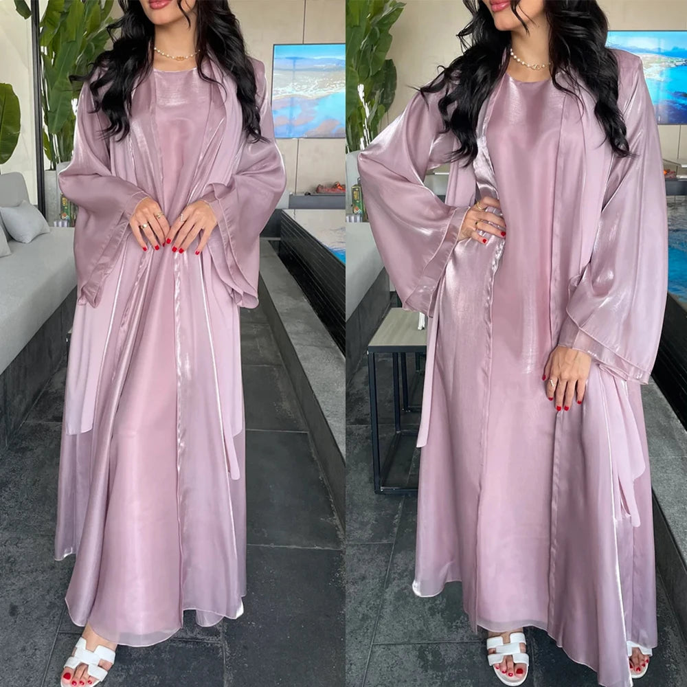 Women Eid Muslim Sets 2 Piece Dress Shiny Satin Dubai Abayas Kebaya Jalabiya Turkey Kaftan Ramadan Islam Clothing Robe Vestidos