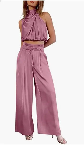 Women's Two Piece Pants Sets Open Navel Outfit Silk Pleated Texture Sleeveless Top Wide Leg Pants Set Summer Matching Sets 2024