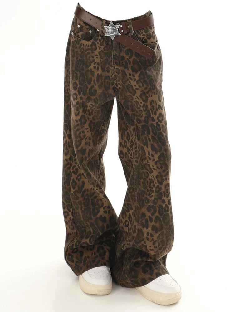 Baggy Leopard Print Y2k Jeans Women 2024 New High Waisted Casual Wide Leg Denim Pants Fashion Streetwear Retro Straight Jeans