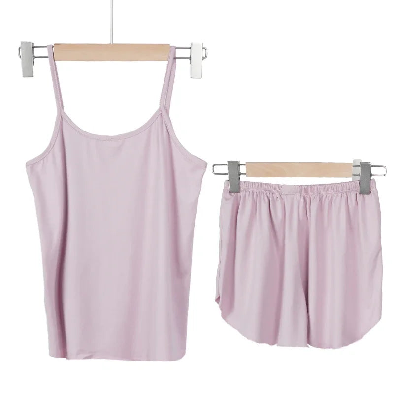 Pajamas for Women Summer Solid Color Sleepwear Sexy Pyjamas Set Round Neck Soft Breathable Tank Top Shorts Nightwear