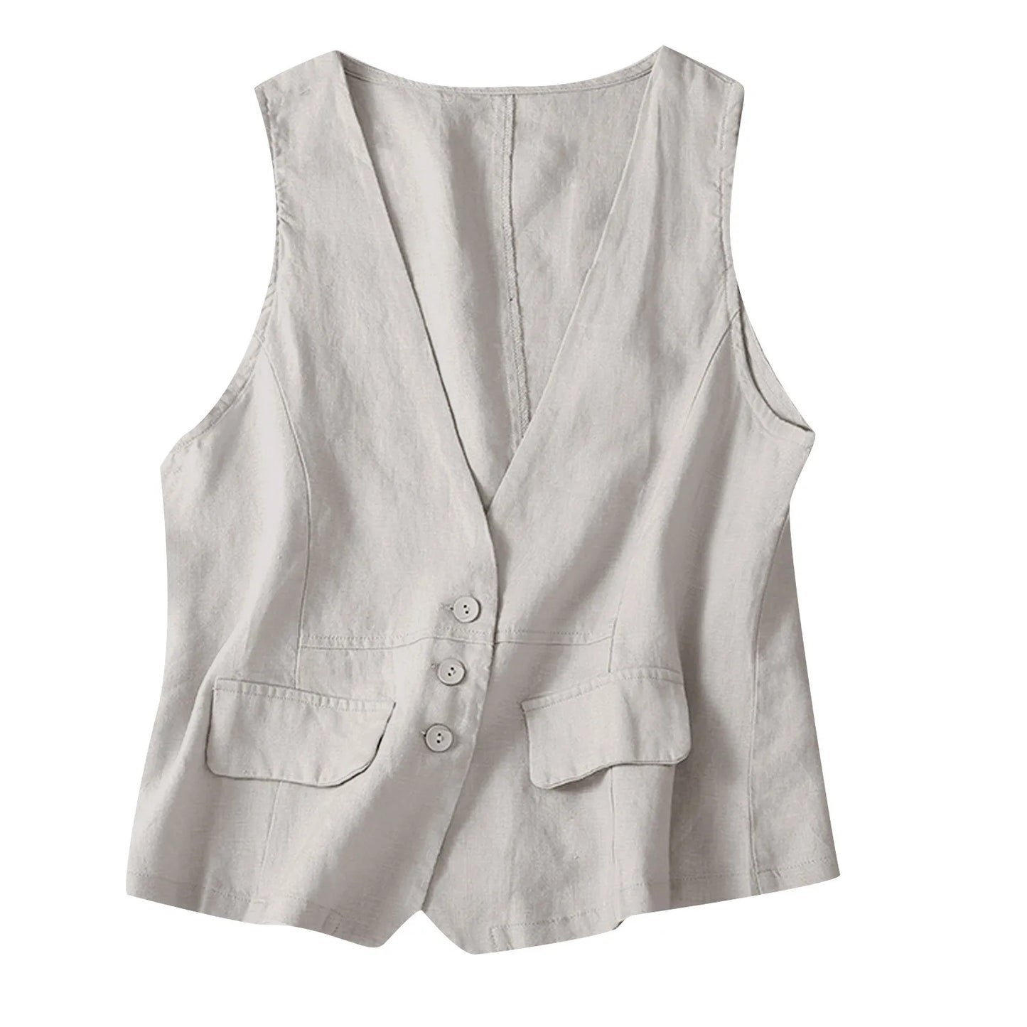 Vintage Vest Summer Top Deep V-Neck Solid Waistcoat Casual Sleeveless Tank Tops Cotton Linen Thin Outerwear Vest Coat Women