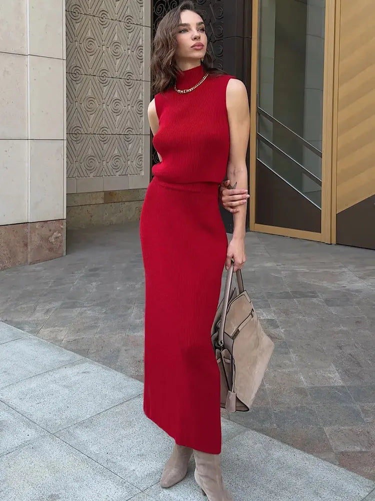 Tossy Elegant Knitwear 2 Piece-Set Long Dress Female Ribbed Sweater Pullover And Loose Patchwork Maxi Skirt Sets Ladies Outfits