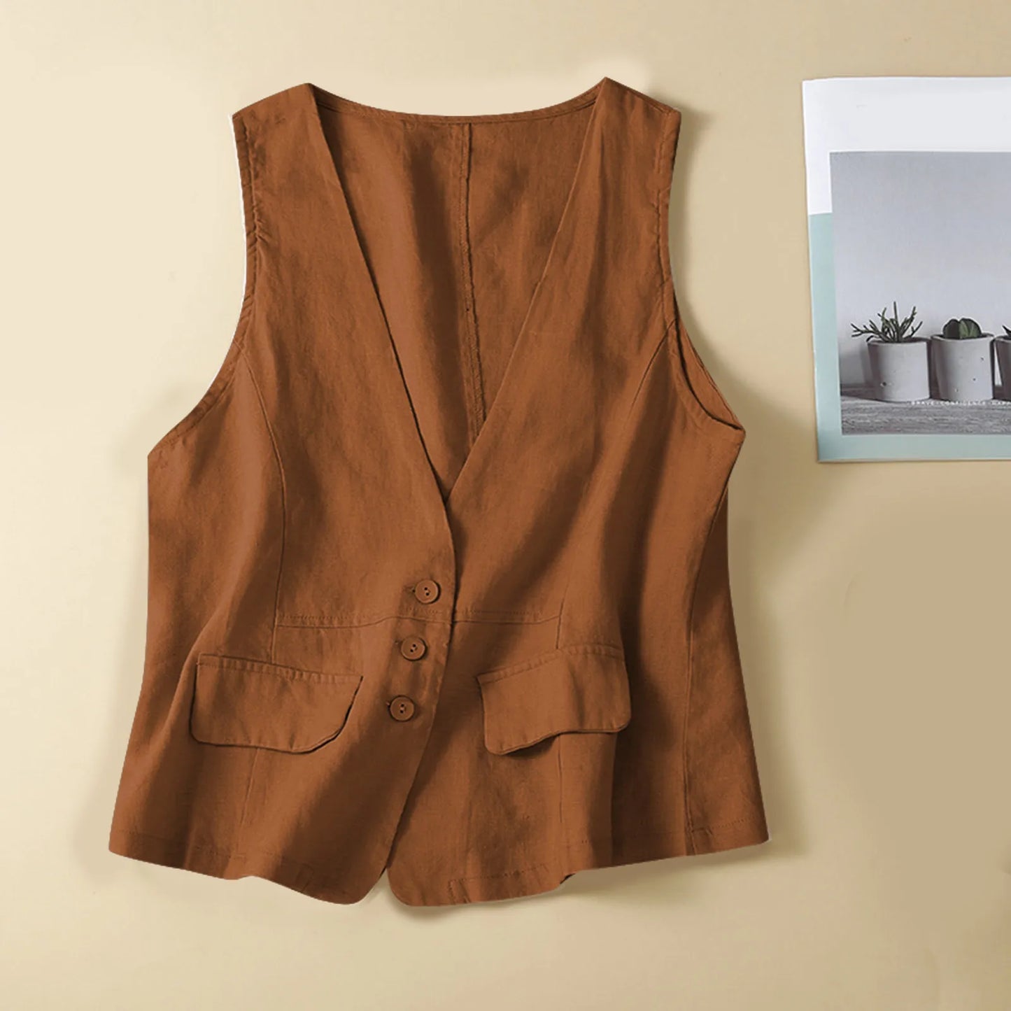 Vintage Vest Summer Top Deep V-Neck Solid Waistcoat Casual Sleeveless Tank Tops Cotton Linen Thin Outerwear Vest Coat Women