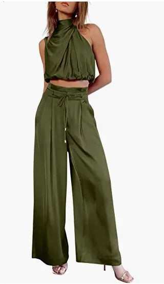 Women's Two Piece Pants Sets Open Navel Outfit Silk Pleated Texture Sleeveless Top Wide Leg Pants Set Summer Matching Sets 2024