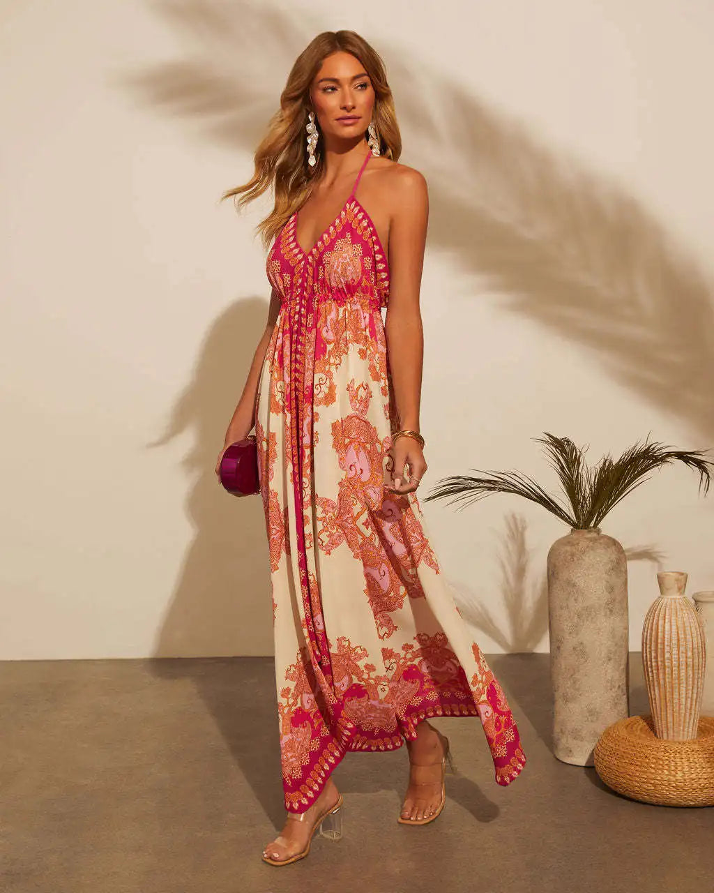Women's Summer V-neck Halter Bohemian Floral Long Dress,Women Clothing,Red Dress,Sexy Dress Women,Sundress,Beach Dresses