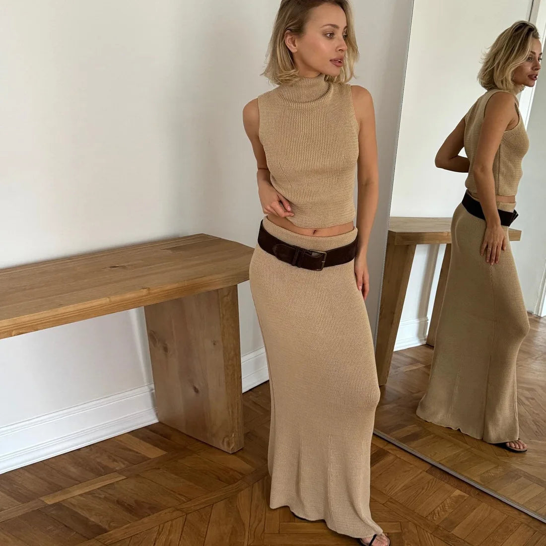 Tossy Elegant Knitwear 2 Piece-Set Long Dress Female Ribbed Sweater Pullover And Loose Patchwork Maxi Skirt Sets Ladies Outfits