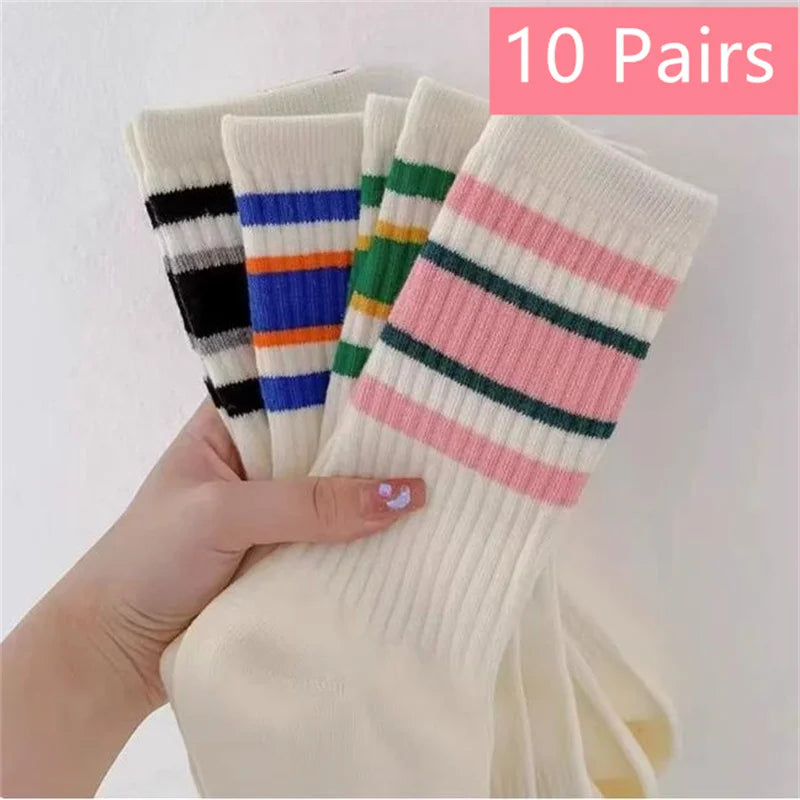 1/5/10 Pairs women's and men's white sock, mid length socks, Korean version socks, striped autumn and winter casual sports sock