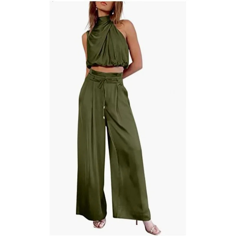 Women's Two Piece Pants Sets Open Navel Outfit Silk Pleated Texture Sleeveless Top Wide Leg Pants Set Summer Matching Sets 2024