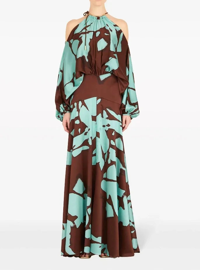 Evening Dresses Vacation Style Elegant Socialite Printed Off Shoulder Slit Dress