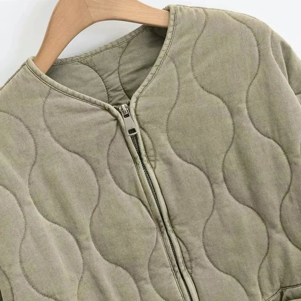 TRAF Women's Diamond Check Cotton Jacket Round Neck Loose Long Sleeve Zip Cotton Jacket Vintage Street Fashion Pocket Warm Top