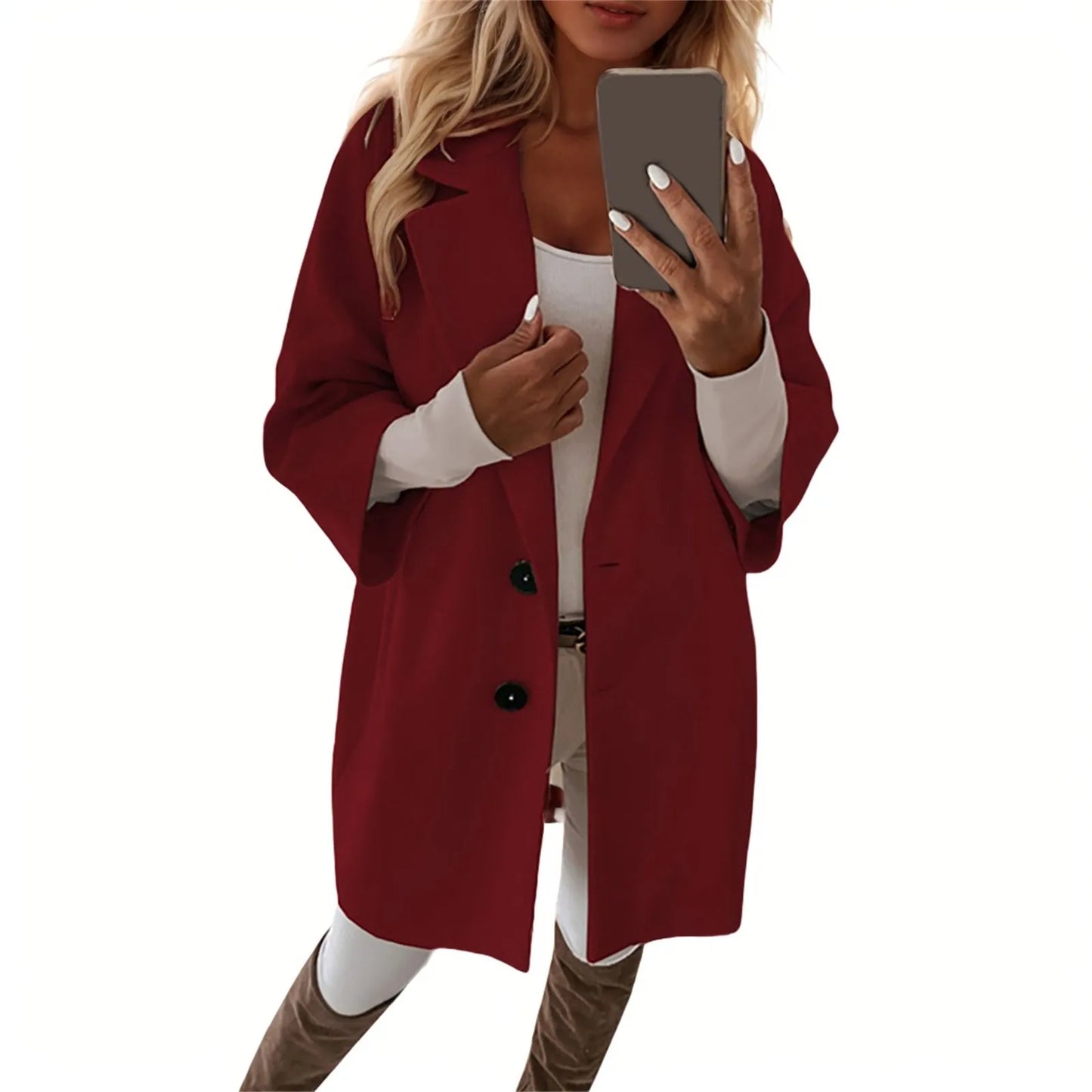 Women'S Coat Fashionable Versatile Tweed Coat Solid Color Sinking Shoulder Seven-Quarter Sleeve Single-Breasted Jacket Women