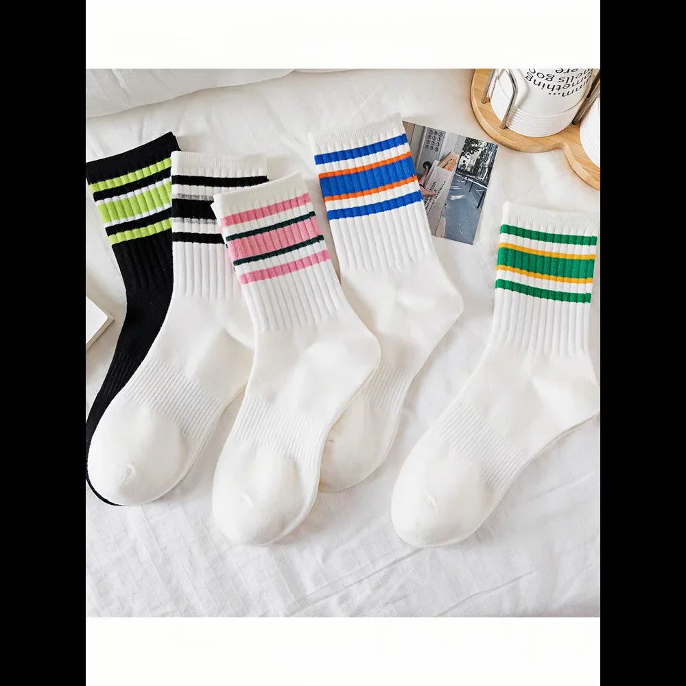 1/5/10 Pairs women's and men's white sock, mid length socks, Korean version socks, striped autumn and winter casual sports sock