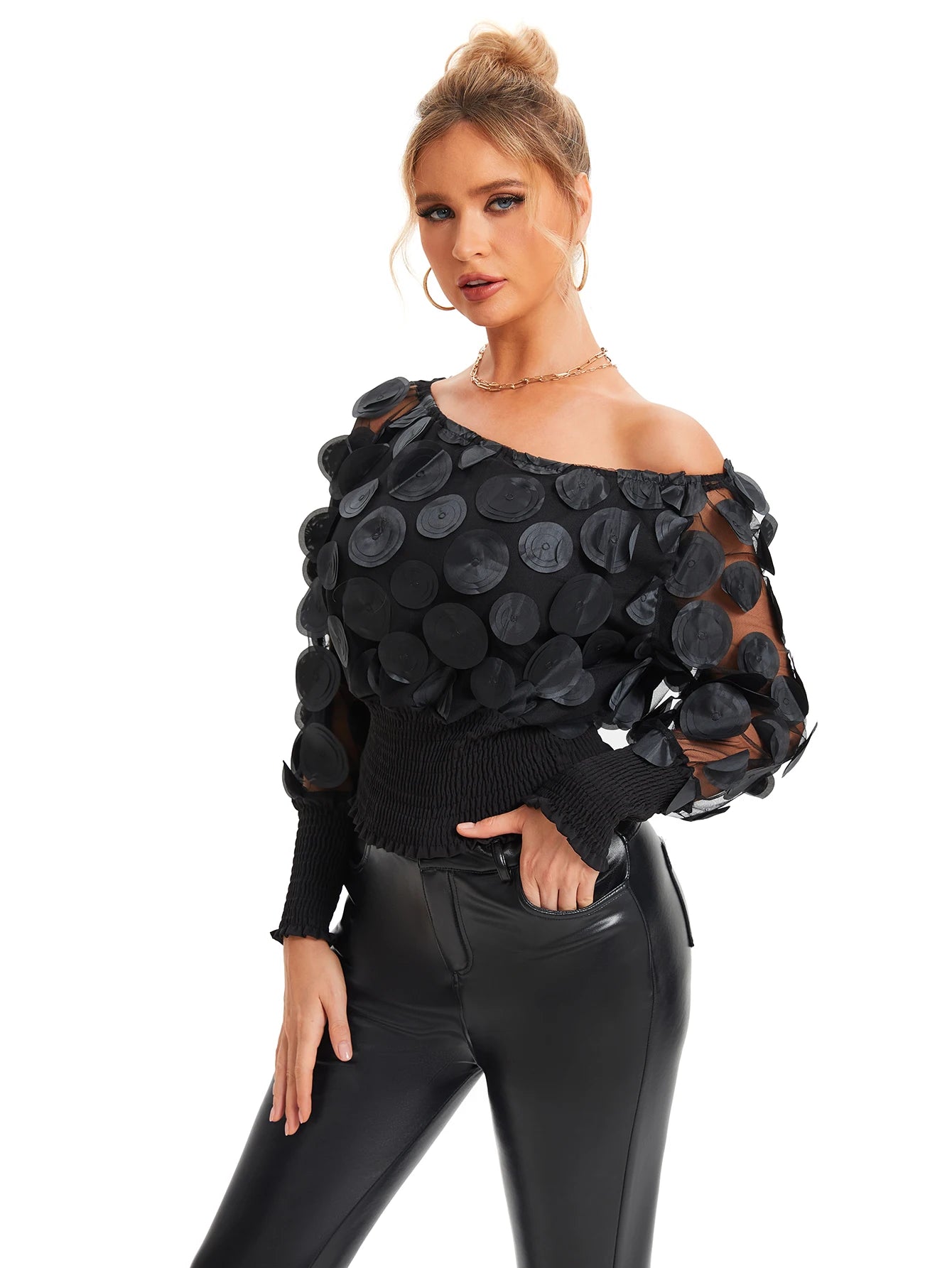 Applique Slant Shoulder Blouse, Elegant Long Sleeve Blouse For Spring & Fall Women's Clothing