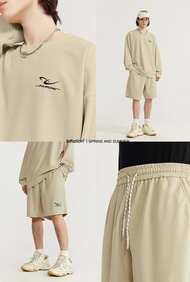 INFLATION Spring Oversized Tracksuit Sportswear Unisex Pique Fabric Embroidery Long Sleeve Tees and Shorts Set