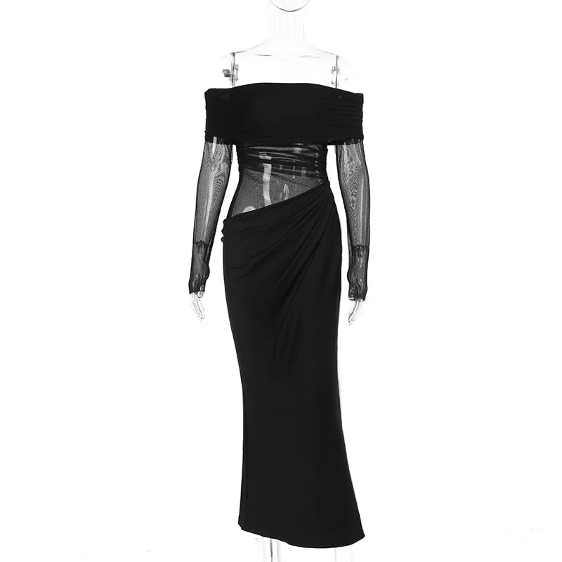 Y2k Summer New Solid Color Long Sleeve Off Shoulder Dresses Sexy Wrap Hip Mesh See Through Ruched Patchwork Long Dress 2024 New