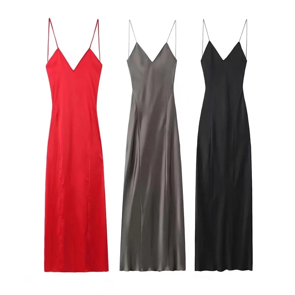 2024 Women's New Chic Fashion Temperament Satin Thin Shoulder Strap Underwear Slim Long Dress Retro Backless Women's Dress Mujer